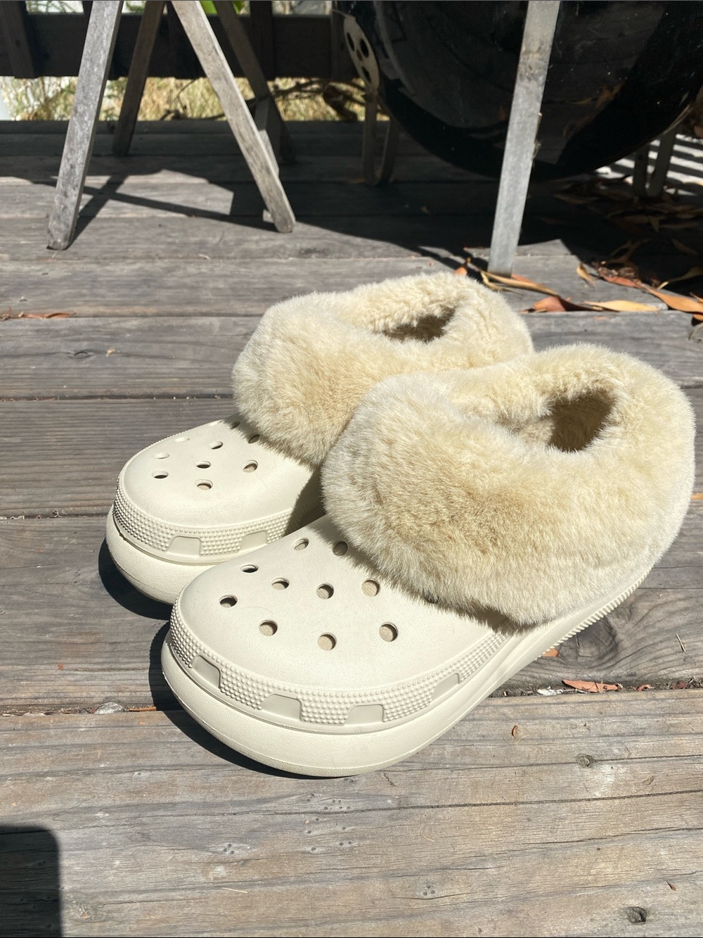 Beige furry crocs womens
